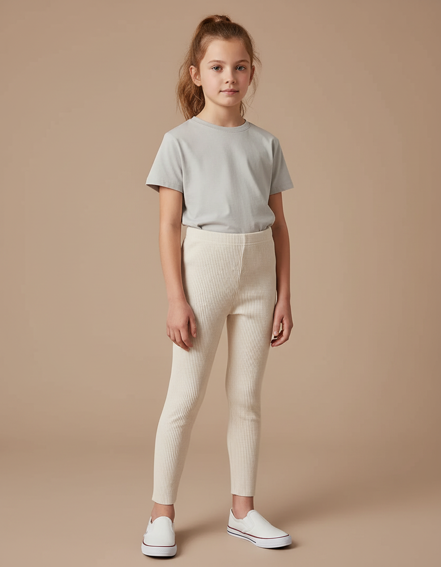 Pantalon Blanc Côtelé Fille Extensible Confortable Basique - Maille