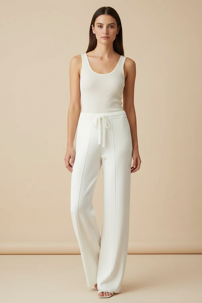 Pantalon Blanc Tricoté Large Fluide Confortable Femme - Maille