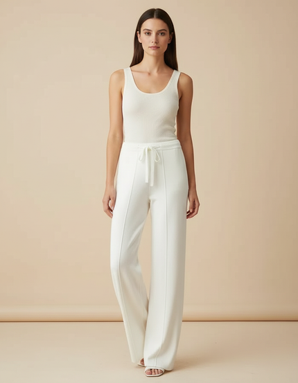 Pantalon Blanc Tricoté Large Fluide Confortable Femme - Maille