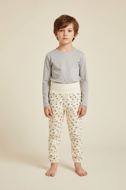 Pantalon Blanc Floral Taille Haute Confortable Enfant - Molleton