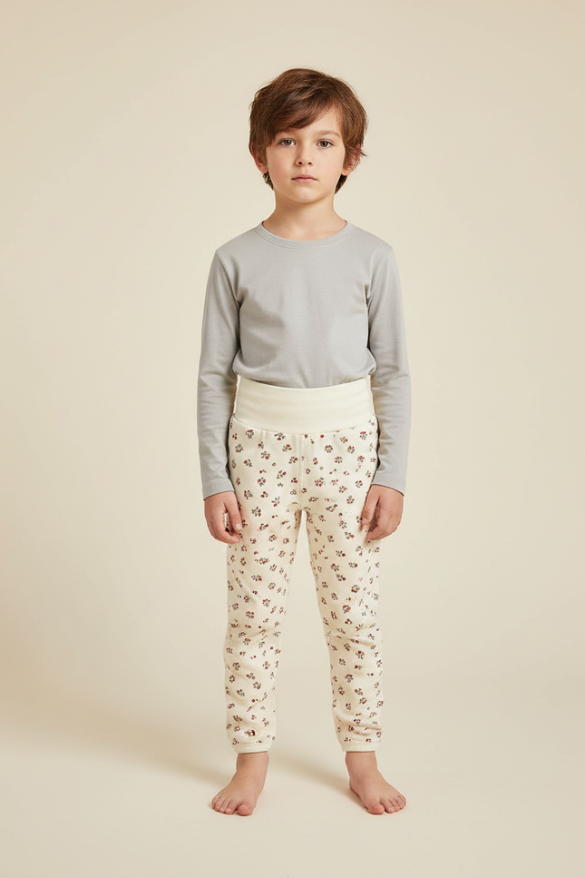 Pantalon Blanc Floral Taille Haute Confortable Enfant - Molleton
