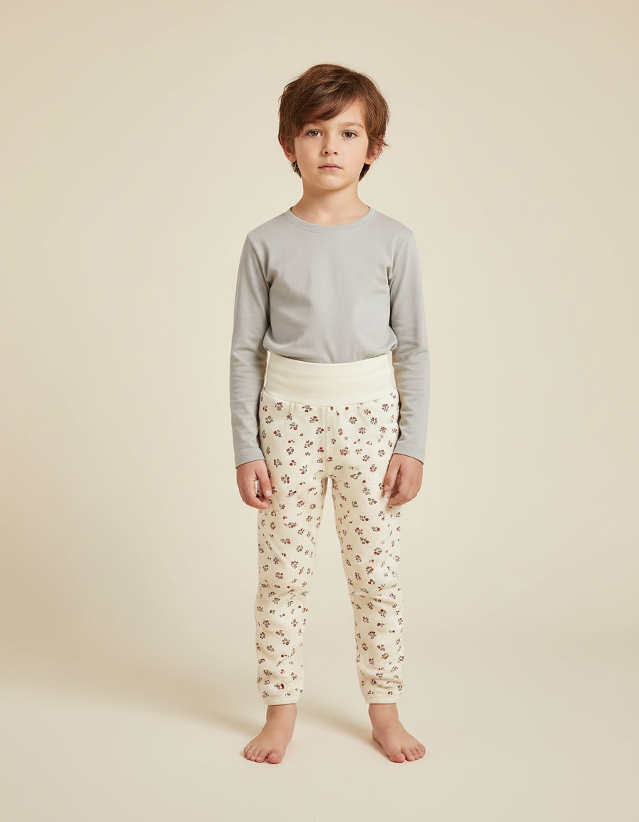 Pantalon Blanc Floral Taille Haute Confortable Enfant - Molleton
