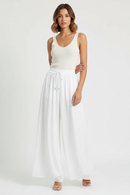 Pantalon Blanc Fluide Large Taille Haute - Viscose