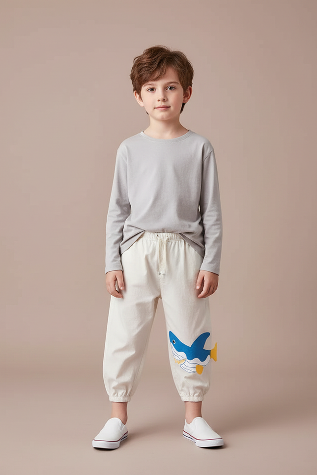 Pantalon Blanc Coton Ample Enfant Requin Mignon - Beige