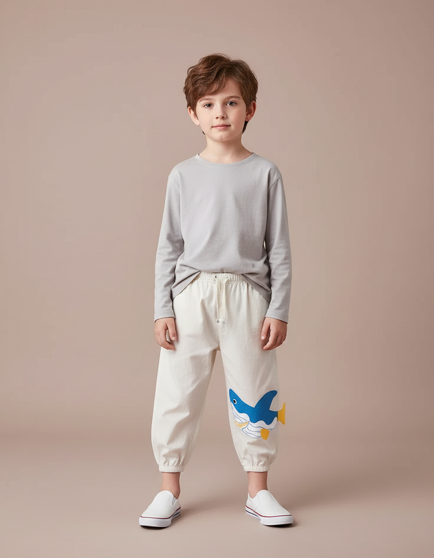 Pantalon Blanc Coton Ample Enfant Requin Mignon - Beige