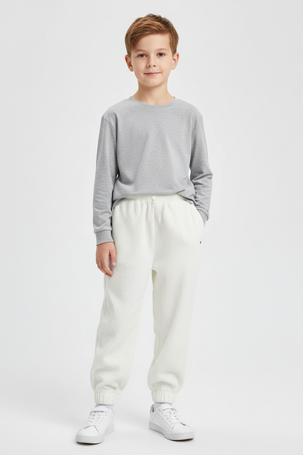 Pantalon Blanc Côtelé Ample Décontracté Enfant Sport - Cordé