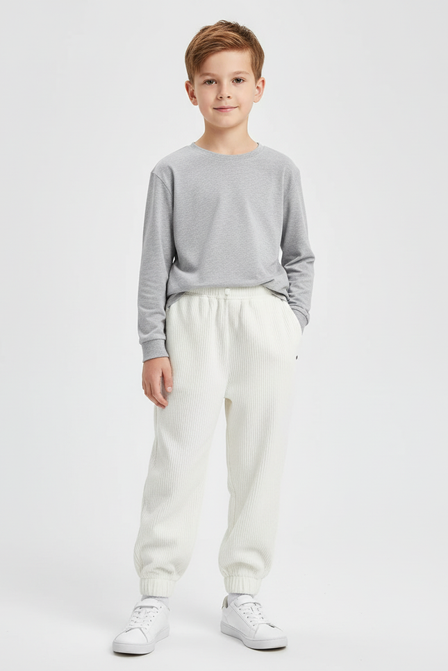Pantalon Blanc Côtelé Ample Décontracté Enfant Sport - Cordé