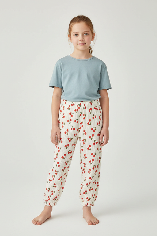 Pantalon Blanc Cerises Coton Gaufré Enfant Estival - Imprimé