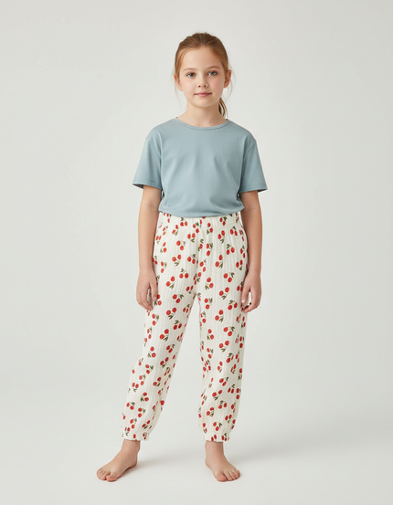 Pantalon Blanc Cerises Coton Gaufré Enfant Estival - Imprimé