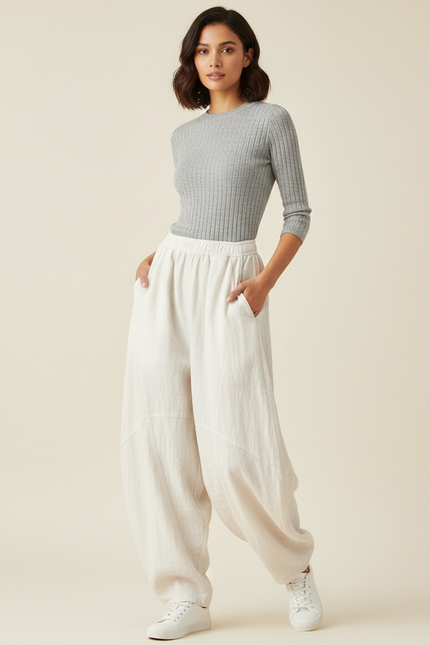 Pantalon Blanc Ample Lin Élastique Décontracté Léger