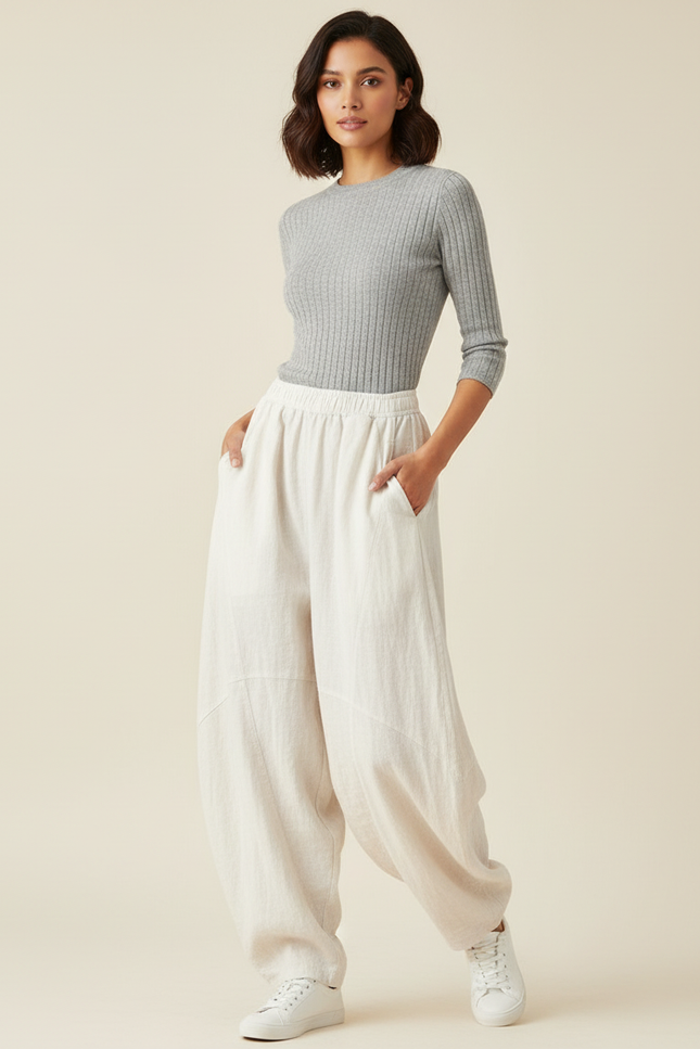 Pantalon Blanc Ample Lin Élastique Décontracté Léger