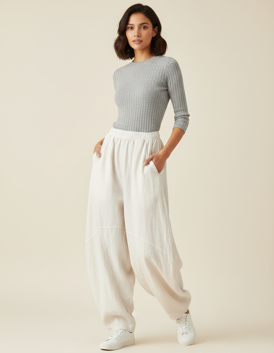 Pantalon Blanc Ample Lin Élastique Décontracté Léger