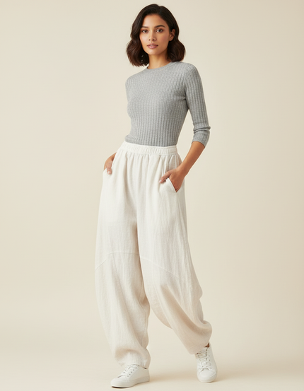 Pantalon Blanc Ample Lin Élastique Décontracté Léger