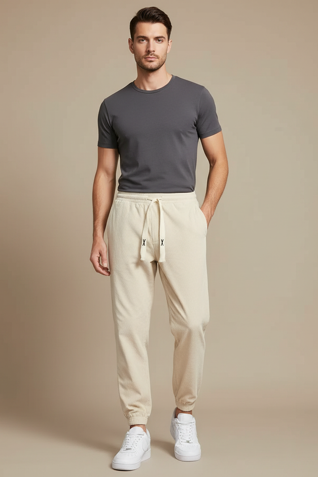 Pantalon Blanc Côtelé Ample Décontracté Cordon Homme - Beige Cordé