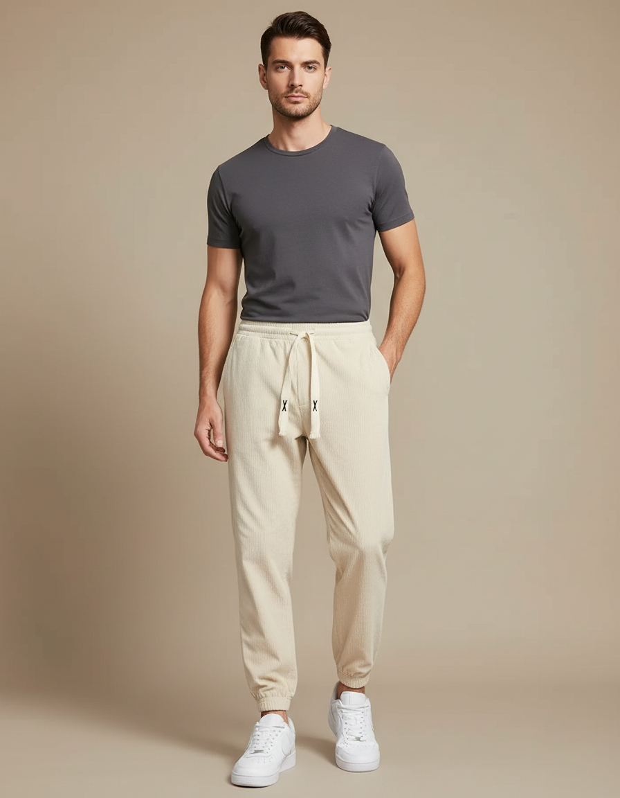 Pantalon Blanc Côtelé Ample Décontracté Cordon Homme - Beige Cordé