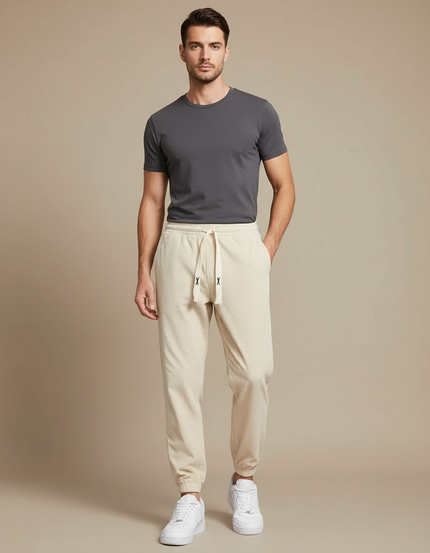 Pantalon Blanc Côtelé Ample Décontracté Cordon Homme - Beige Cordé