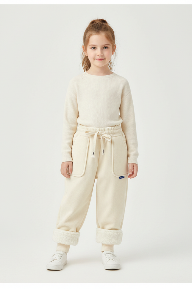 Pantalon Blanc Molletonné Chaud Enfant Doux Confortable - Beige