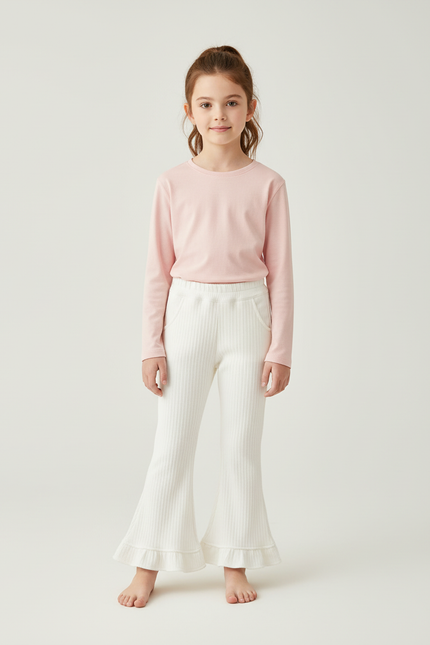 Pantalon Blanc Évasé Côtelé Volants Fille - Maille