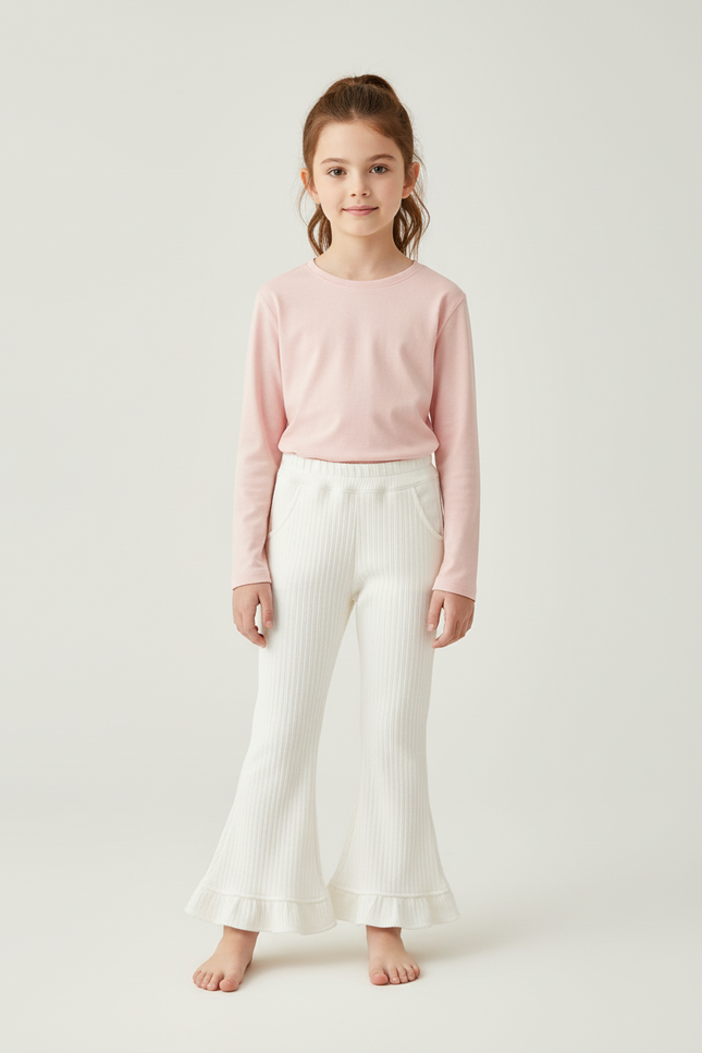 Pantalon Blanc Évasé Côtelé Volants Fille - Maille