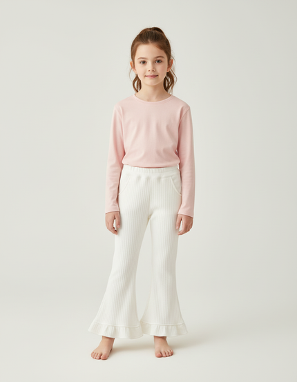 Pantalon Blanc Évasé Côtelé Volants Fille - Maille