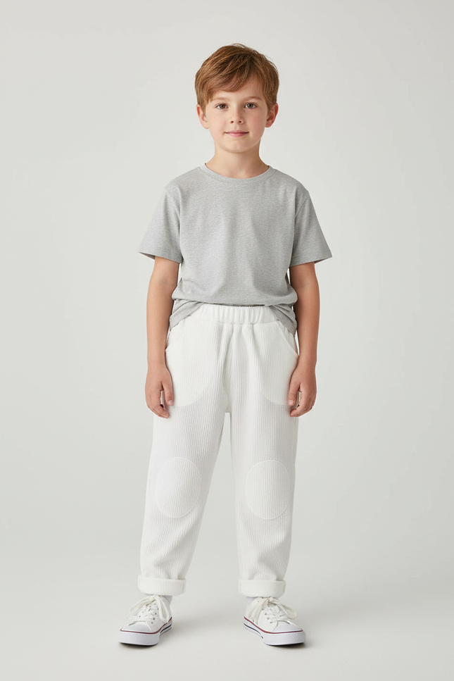 Pantalon Blanc Côtelé Ample Genouillères Enfant - Cordé
