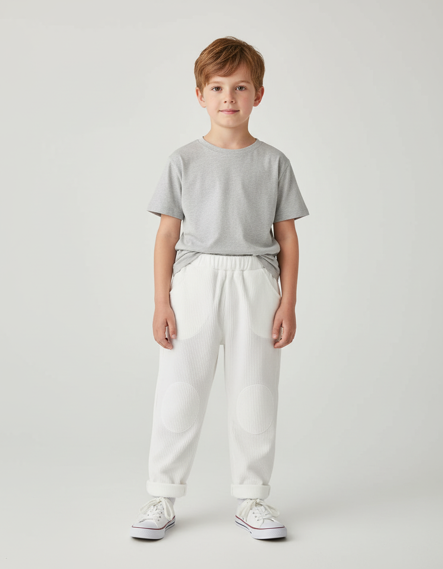 Pantalon Blanc Côtelé Ample Genouillères Enfant - Cordé