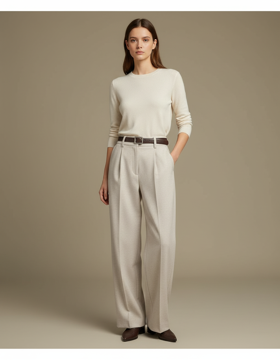 Pantalon Fluide Blanc Cassé - Beige Laine