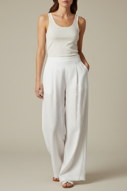 Pantalon Blanc Lin Ample Taille Haute Fluide