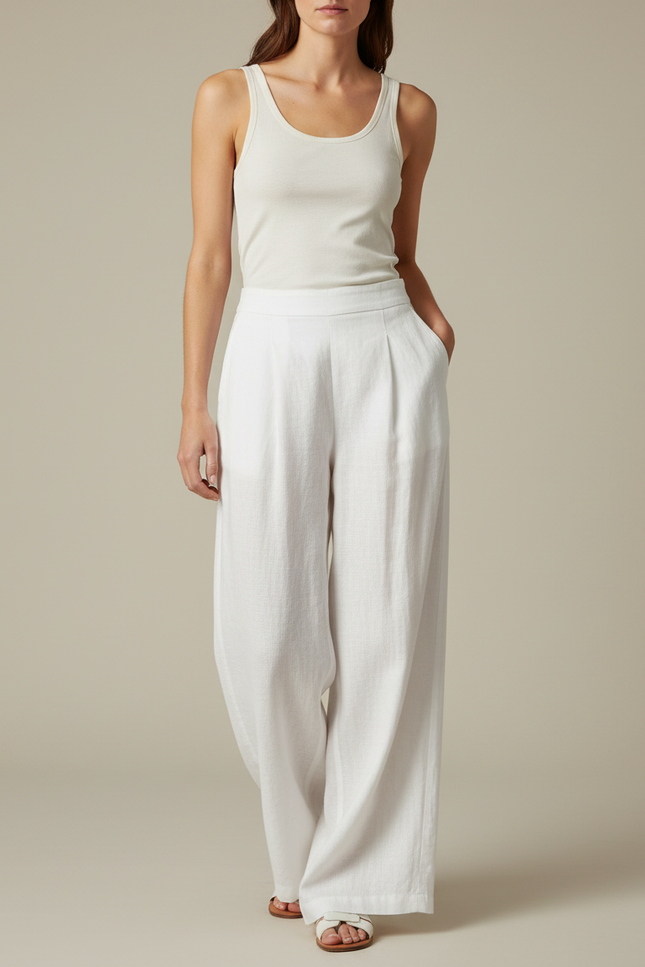 Pantalon Blanc Lin Ample Taille Haute Fluide