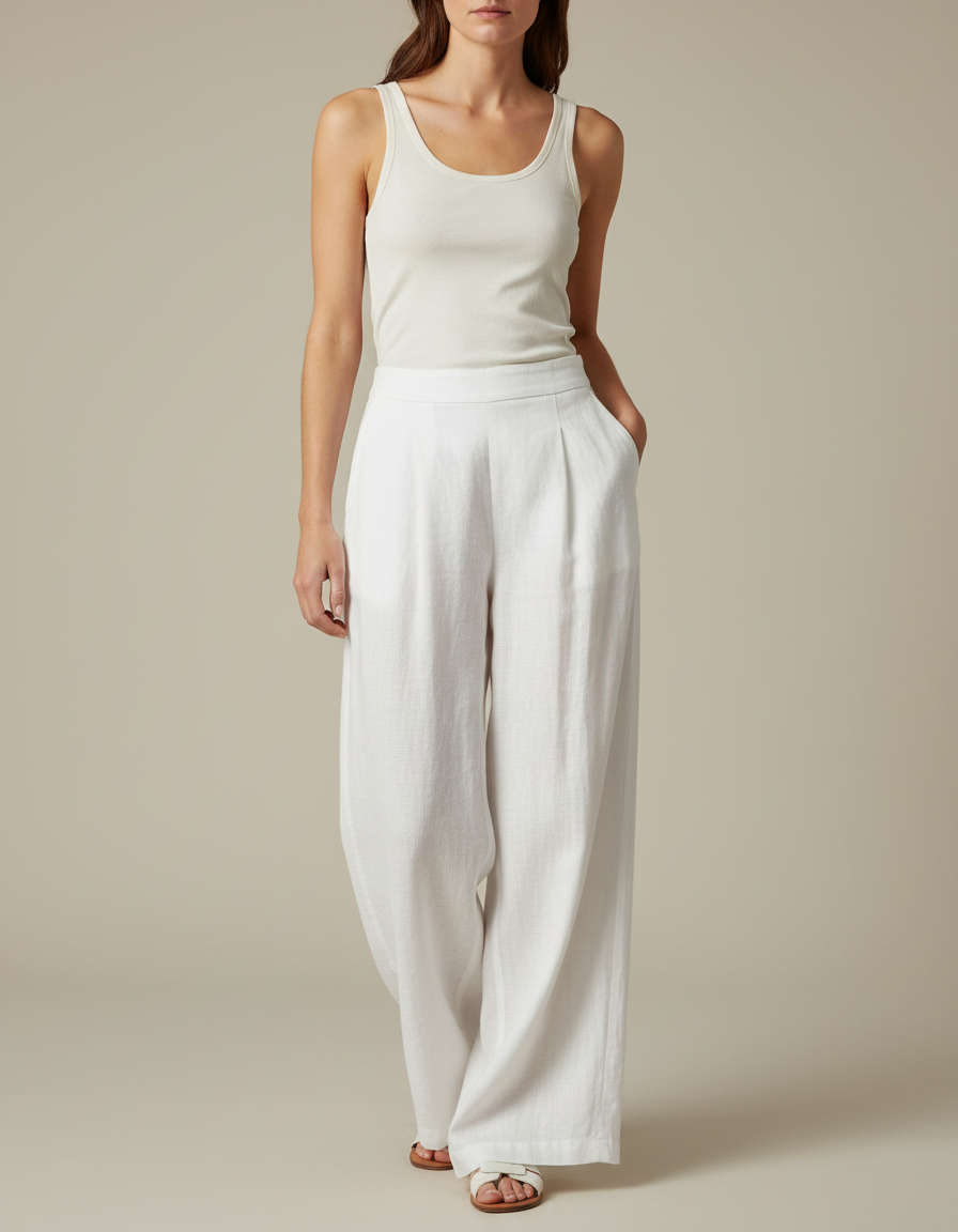 Pantalon Blanc Lin Ample Taille Haute Fluide