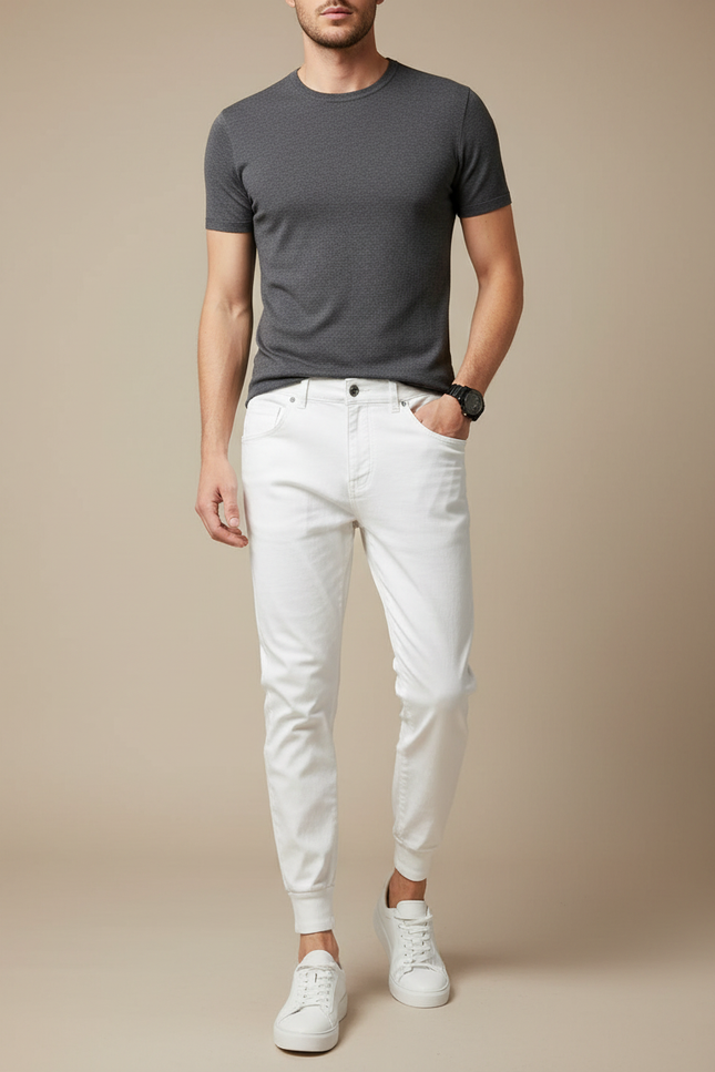 Pantalon Blanc Jogger Coton Slim Décontracté Homme