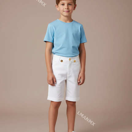 Pantalon Blanc Court Coton Boutons Dorés Enfant