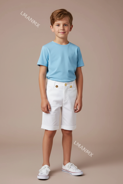 Pantalon Blanc Court Coton Boutons Dorés Enfant
