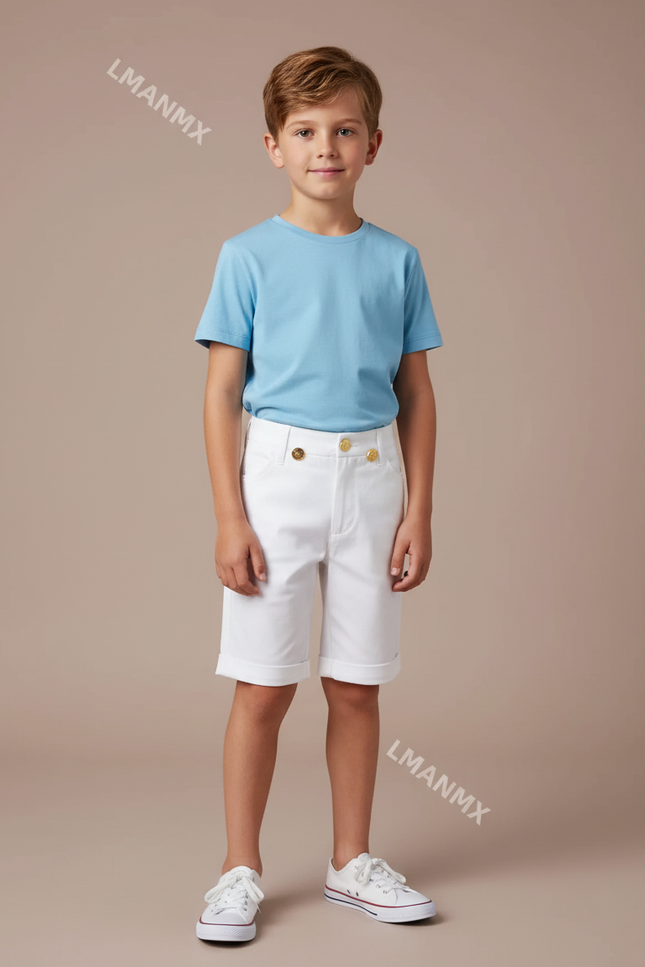 Pantalon Blanc Court Coton Boutons Dorés Enfant