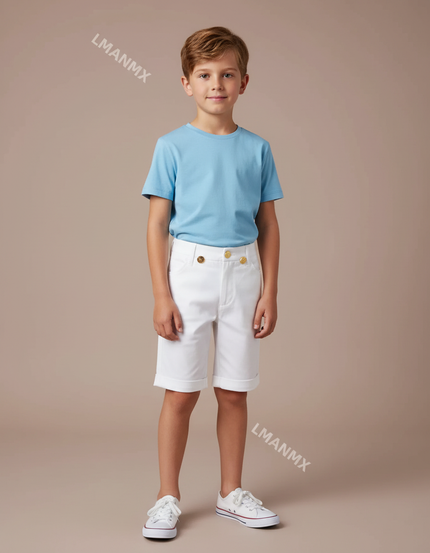 Pantalon Blanc Court Coton Boutons Dorés Enfant