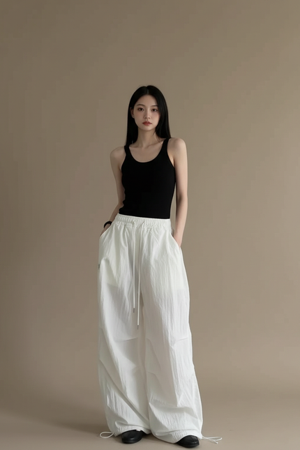 Pantalon Blanc Parachute Ample Taille Haute Femme - Polyester