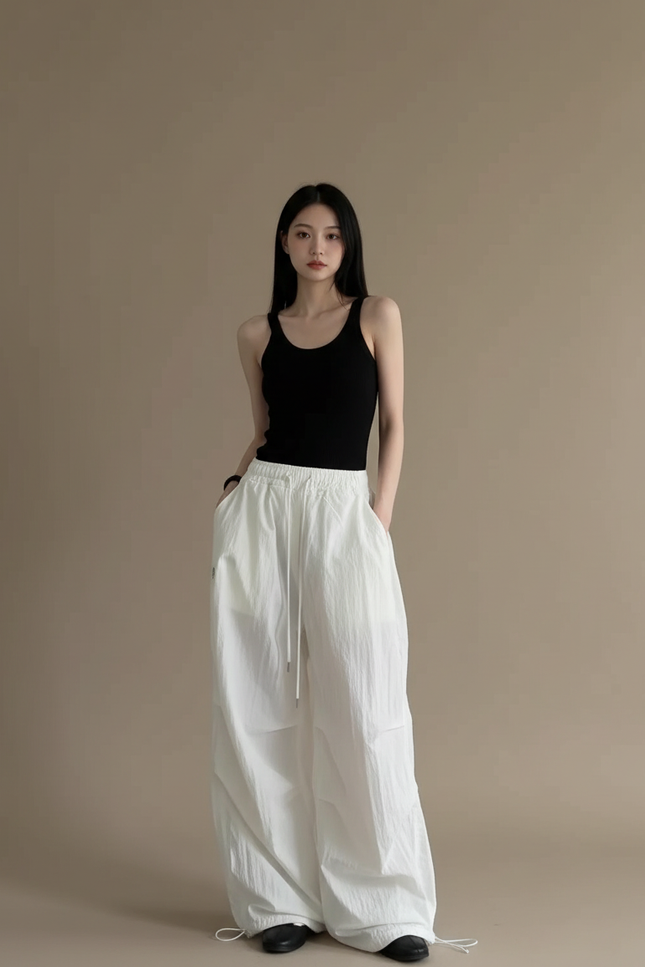 Pantalon Blanc Parachute Ample Taille Haute Femme - Polyester