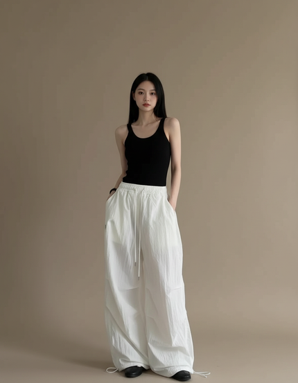 Pantalon Blanc Parachute Ample Taille Haute Femme - Polyester