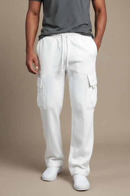 Pantalon Blanc Cargo Ample Décontracté Homme - Molleton