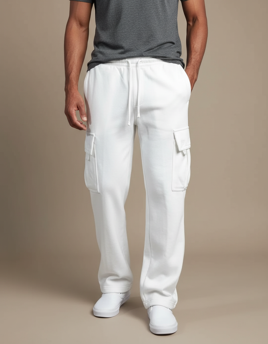 Pantalon Blanc Cargo Ample Décontracté Homme - Molleton