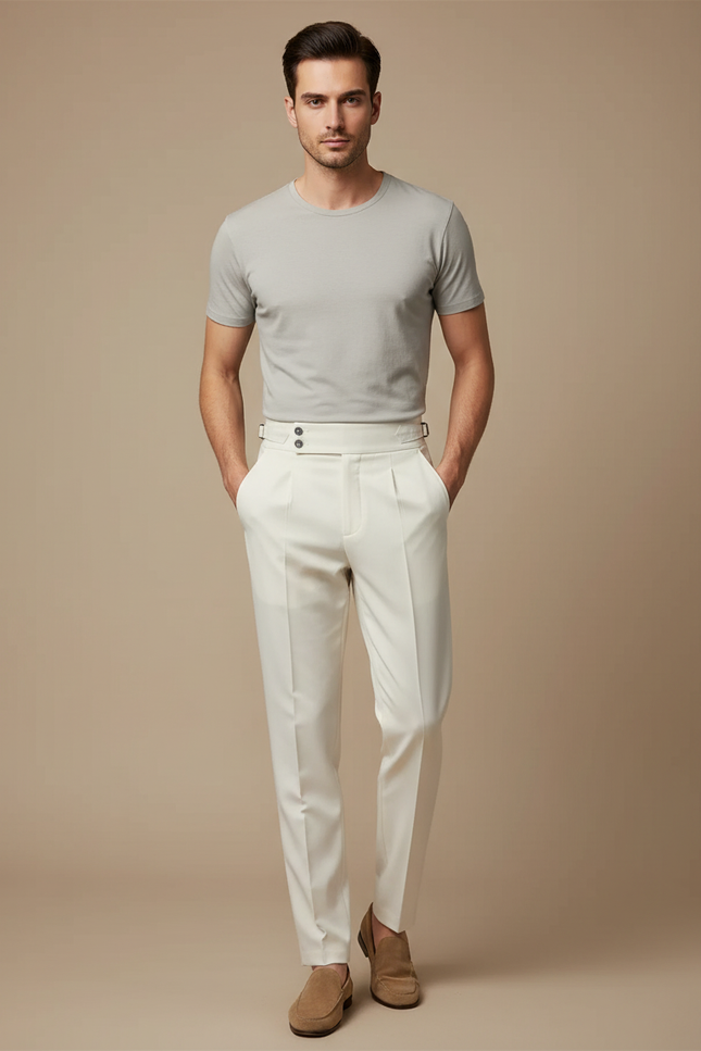 Pantalon Blanc Homme Plissé Taille Haute Élégant - Gabardine