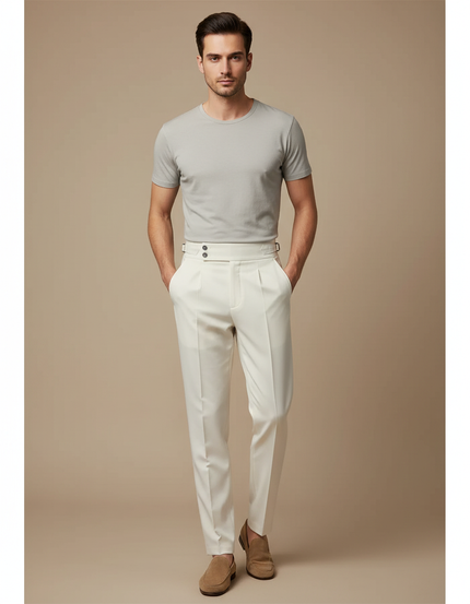 Pantalon Blanc Homme Plissé Taille Haute Élégant - Gabardine