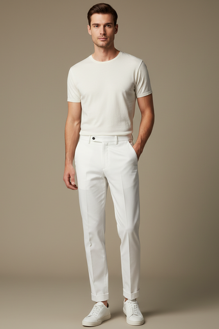 Pantalon Blanc Homme Droit Élégant Coton Décontracté - Gabardine