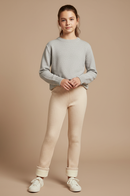 Pantalon Blanc Côtelé Molletonné Enfant Hiver - Beige