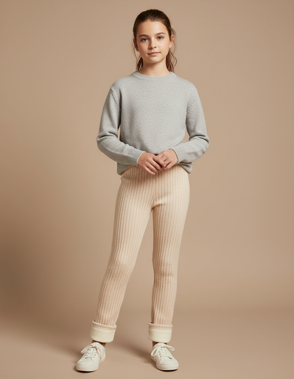 Pantalon Blanc Côtelé Molletonné Enfant Hiver - Beige