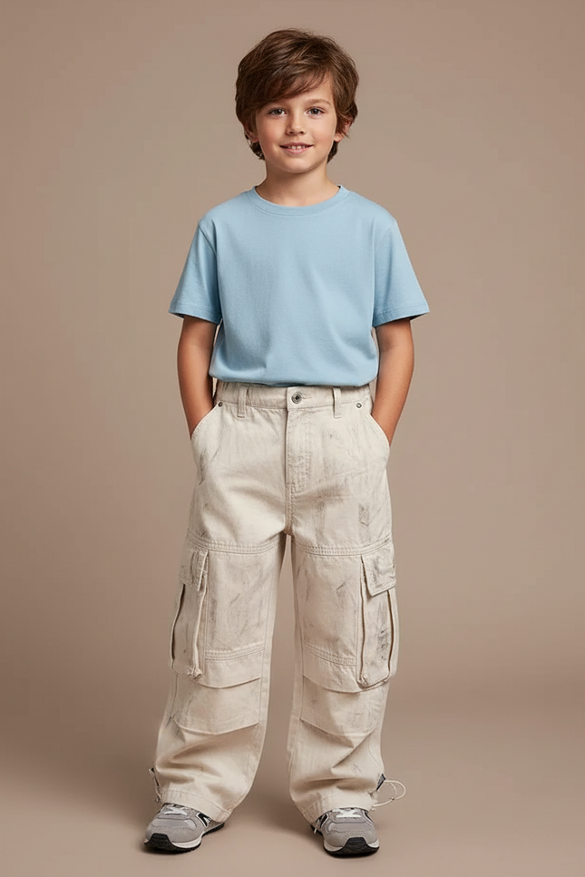 Pantalon Blanc Cargo Ample Garçon Décontracté Style Coréen - Beige Toile
