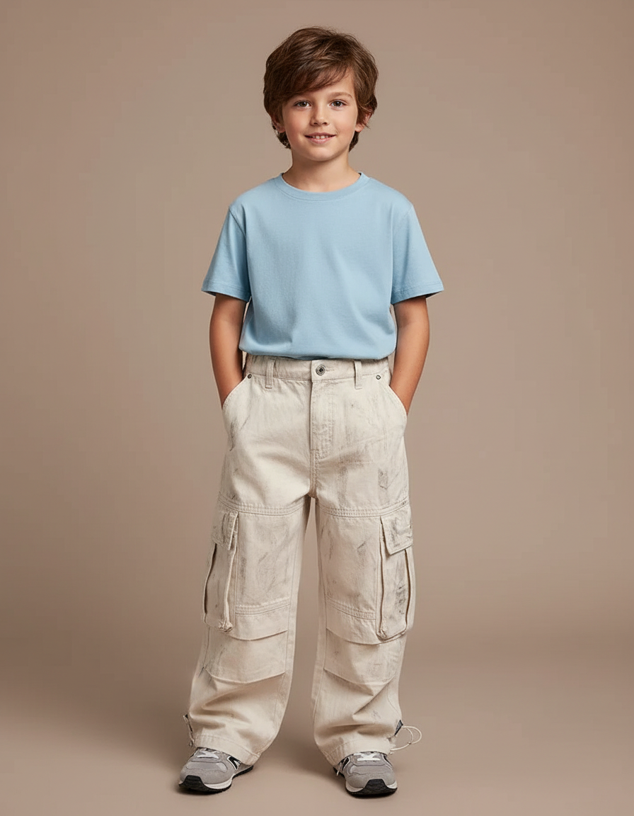 Pantalon Blanc Cargo Ample Garçon Décontracté Style Coréen - Beige Toile