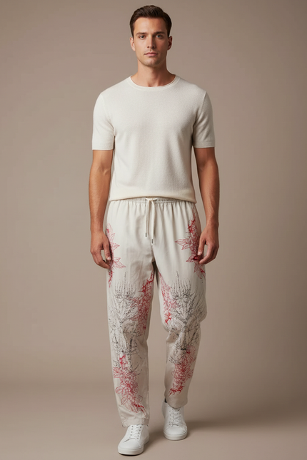 Pantalon Blanc Imprimé Floral Ample Décontracté Homme - Coton