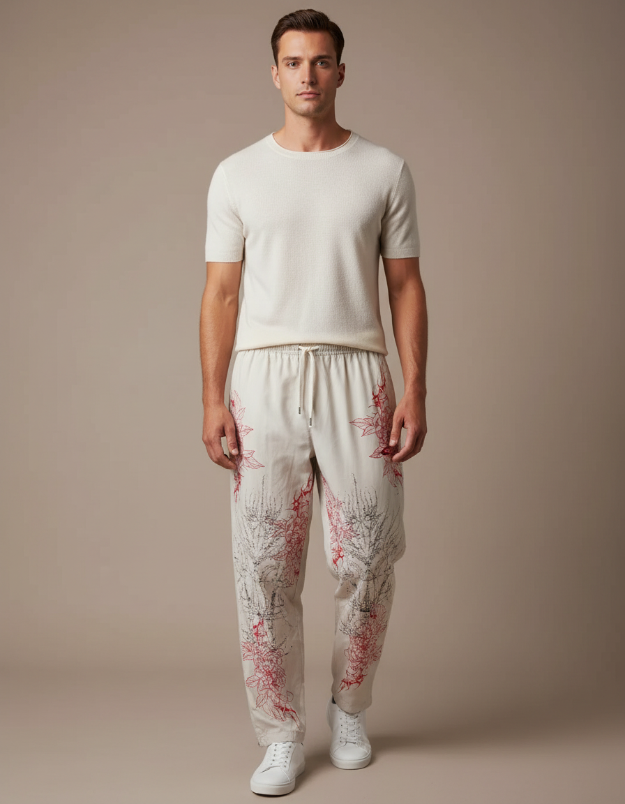 Pantalon Blanc Imprimé Floral Ample Décontracté Homme - Coton
