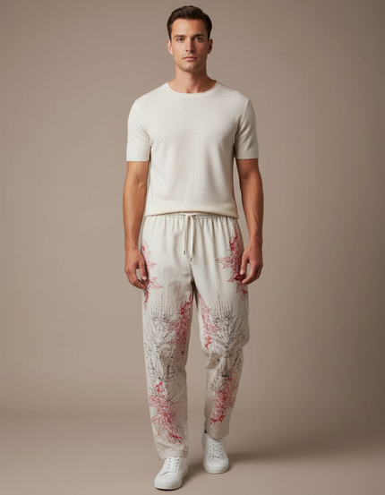 Pantalon Blanc Imprimé Floral Ample Décontracté Homme - Coton